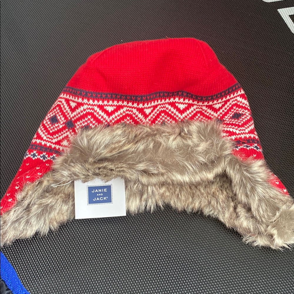 Janie and Jack Red Knit Hat with Faux Fur Lining